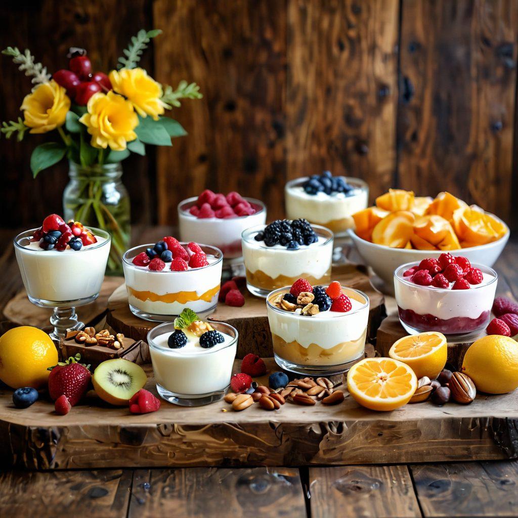 A beautifully arranged dessert table featuring an assortment of healthier desserts made with yogurt, adorned with vibrant toppings like fresh fruits, nuts, and honey. The setting should evoke a sense of indulgence while emphasizing health, with soft natural lighting. Incorporate a rustic wooden backdrop to enhance the inviting atmosphere. super-realistic. vibrant colors. warm tones.