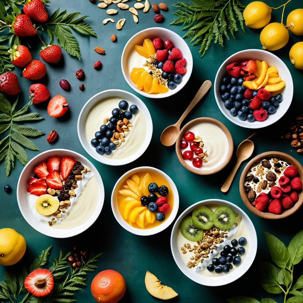 A vibrant, colorful display of assorted yogurts and plant-based alternatives in elegant bowls, topped with fresh fruits, nuts, and seeds. Include a backdrop of lush green plants symbolizing health and nature. Add decorative elements like honey drizzles and a wooden spoon, evoking a sense of indulgence and nourishment. Emphasize a bright and inviting atmosphere. super-realistic. vibrant colors. white background.
