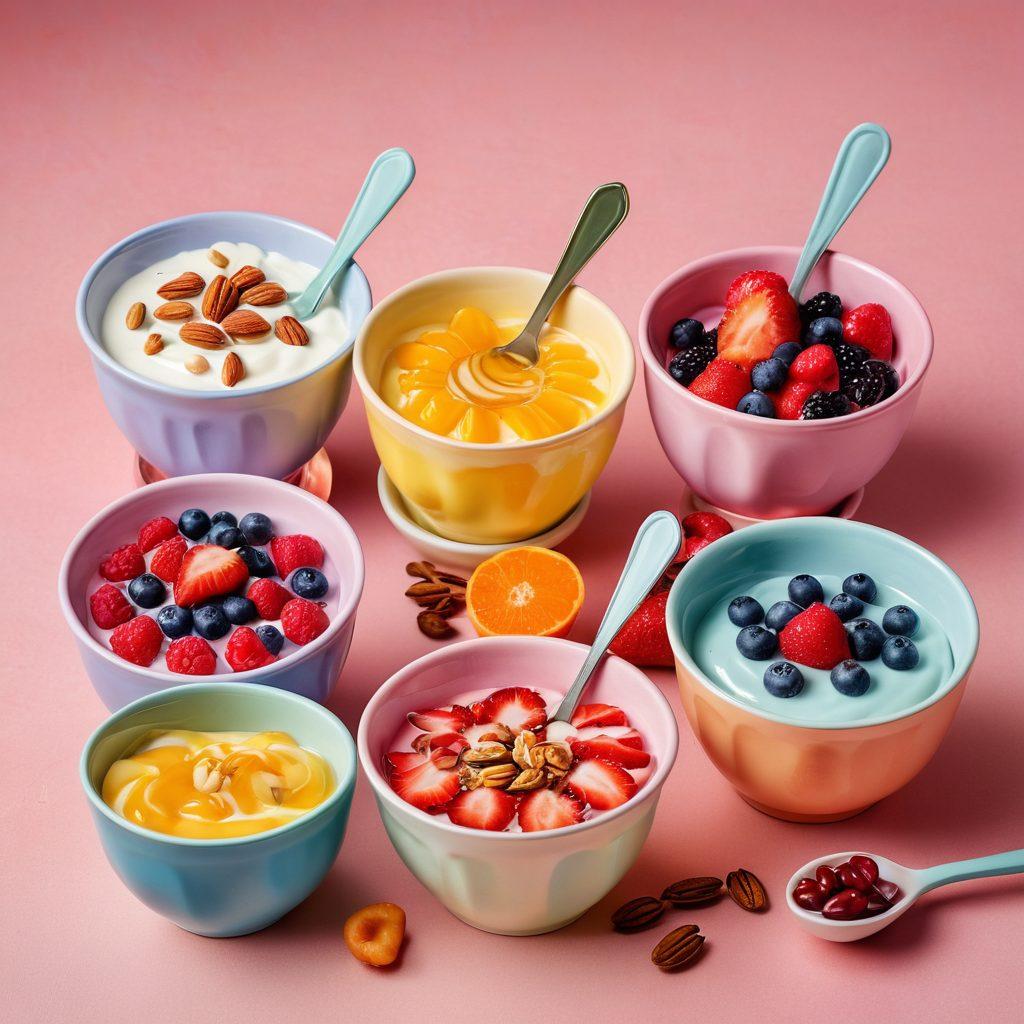 A kaleidoscope of yogurt varieties in colorful bowls, topped with fresh fruits, nuts, and honey drizzles. Include playful yogurt swirl designs and vibrant spoons beside each bowl. Incorporate a warm, inviting background with soft pastel colors that evoke a sense of comfort and joy. The scene should feel both creative and appetizing. super-realistic. vibrant colors. soft pastel background.